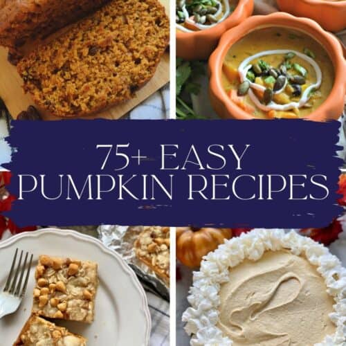 Four photos of four different pumpkin recipes with roundup title text on image for Pinterest.