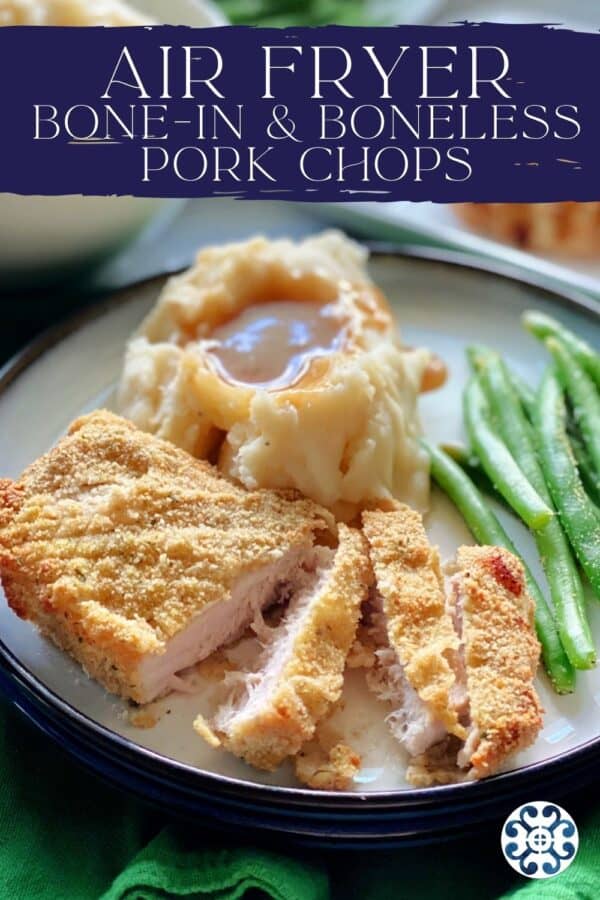 White plate filled with sliced pork chop with mashed potatoes and green beans with recipe title text on image for Pinterest.