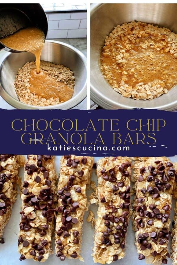 Three photos split by text; top 2 of granola with caramel sauce, bottom of sliced chocolate chip granola bars.