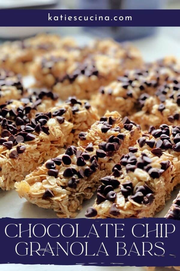 Close up of cut granola bars with chocholate chips and recipe title text on image for Pinterest.