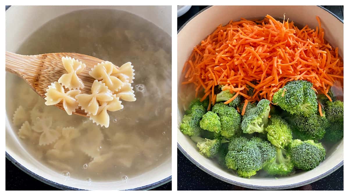 Two photos split; left of bow tie pasta on a wooden spoon above a pot of boiling water, right filled with matchstick carrots and broccoli.