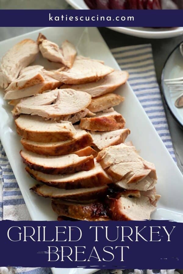 Top view of a platter filled with sliced turkey bresat with recipe title text on image for pinterest.