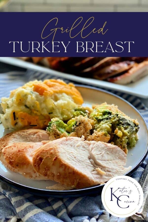 White plate filled with three slices of turkey breast with mashed potatoes and broccoli casserole with recipe title text on image.