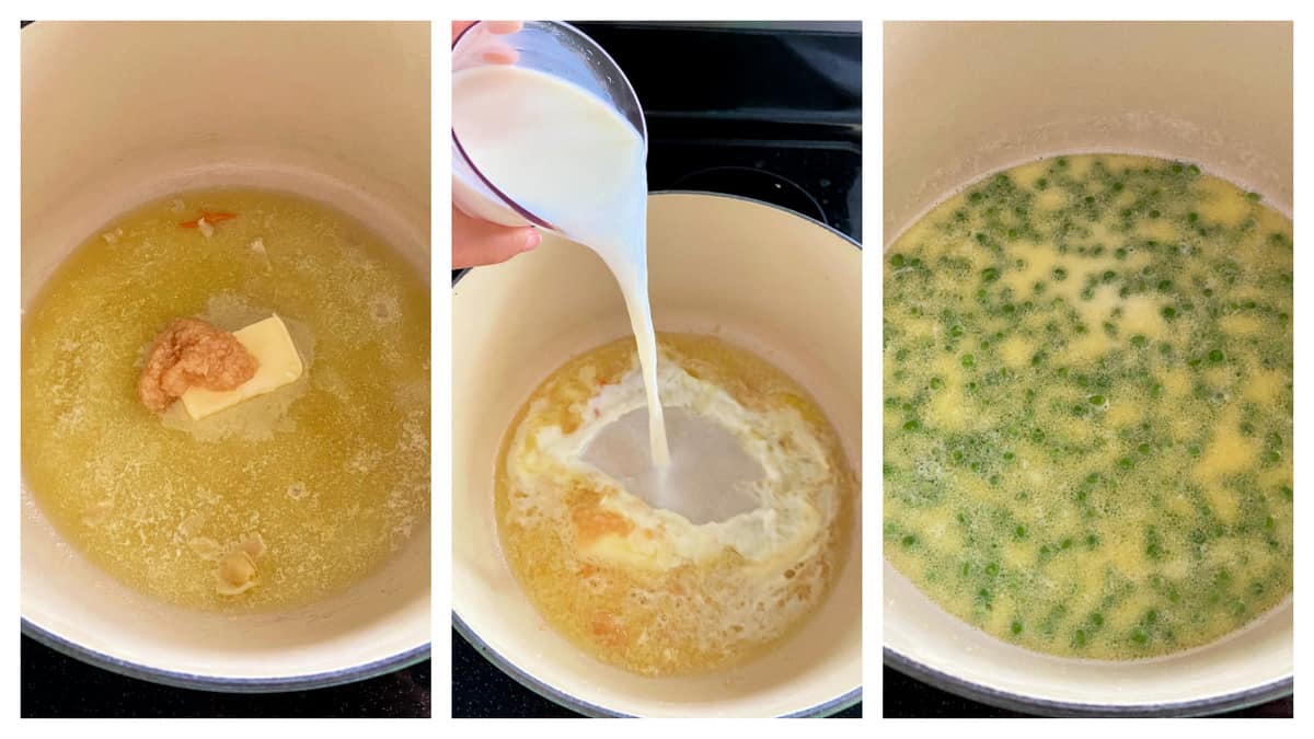 Three photos; left of butter olive oil and garlic melting, middle of female hand pouring in milk, right of milk mixture with peas.