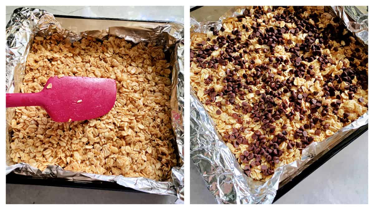 Two photos split; left; pink spatula spreading granola; right granola topped with chocolate chips in square pan.