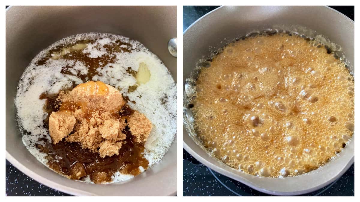 Left photo of brown sugar and butter in pot; right of carmelized sugar.