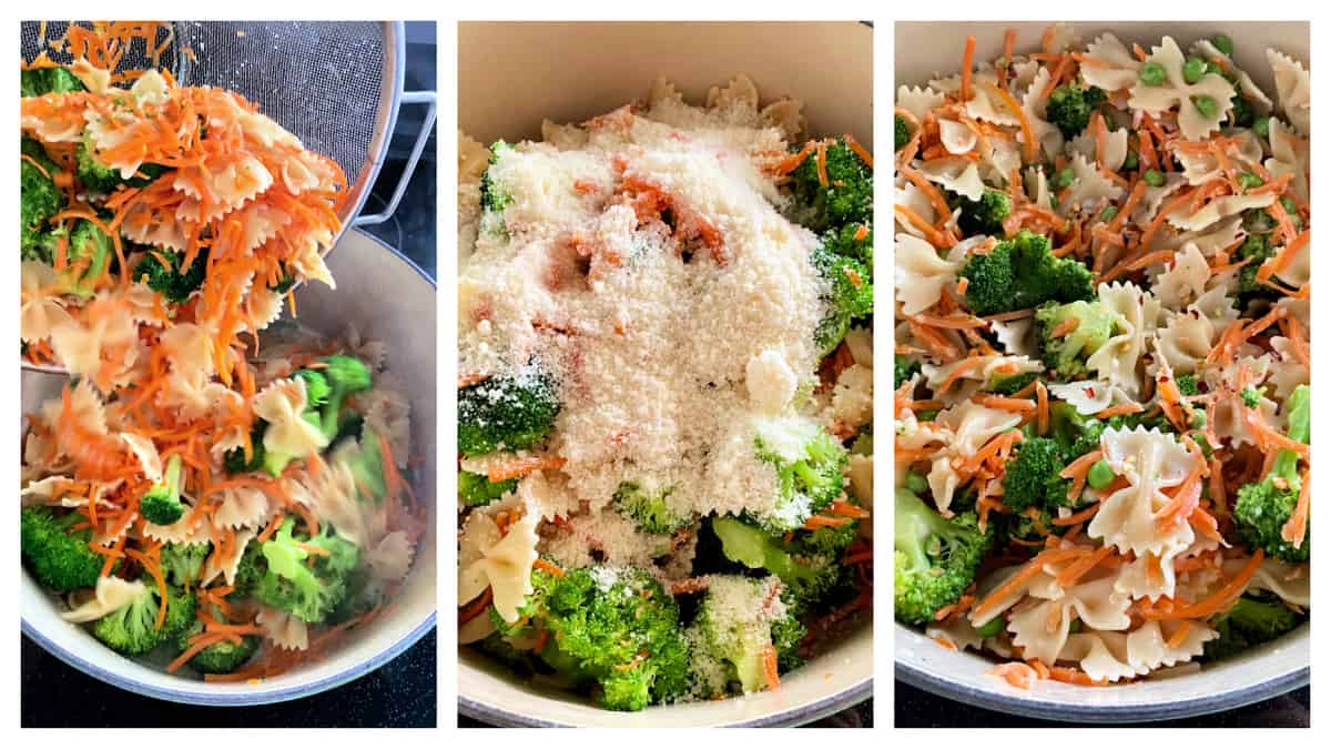 Three photos of veggies, pasta and cheese in a large pot.