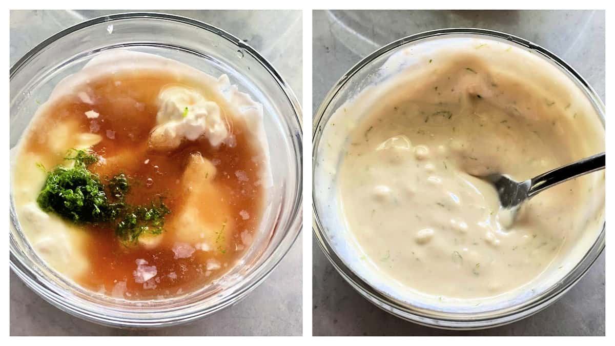 Two photos split; left of ingredients in bowl, right of mixed sauce.