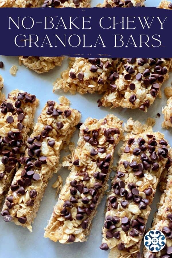 Top view of sliced granola bars with mini chocolate chips with recipe title text on image for Pinterest.