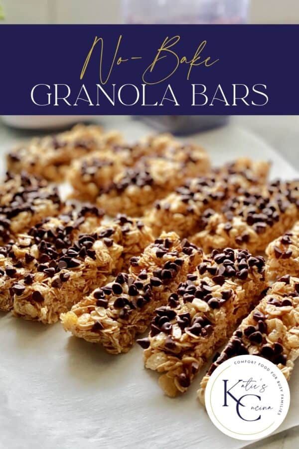 Homemade sliced granola bars with mini chocolate chips and recipe title text on image for Pinterest.