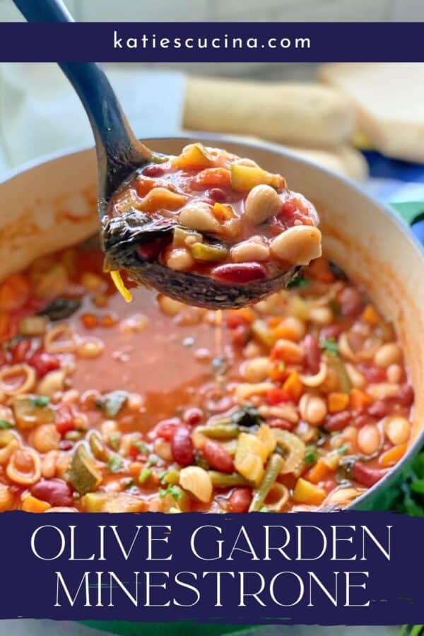 Black ladel filled with minestrone soup dangling over soup pot with recipe title text on image for Pinterest.