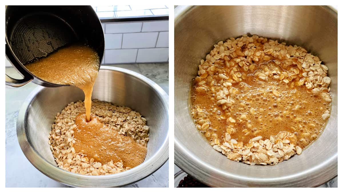 Left: caramel being poured into a bowl with oats. Right: caramel, oatsand rice krispie ceral in a metal bowl.