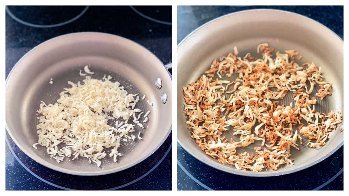 Two photos; left of coconut flakes on a pan right of toasted coconut flakes.