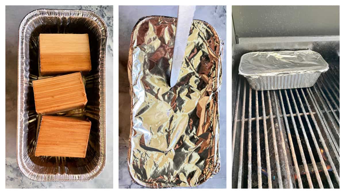 Three photos on how to make a smoker box for a gas grill.