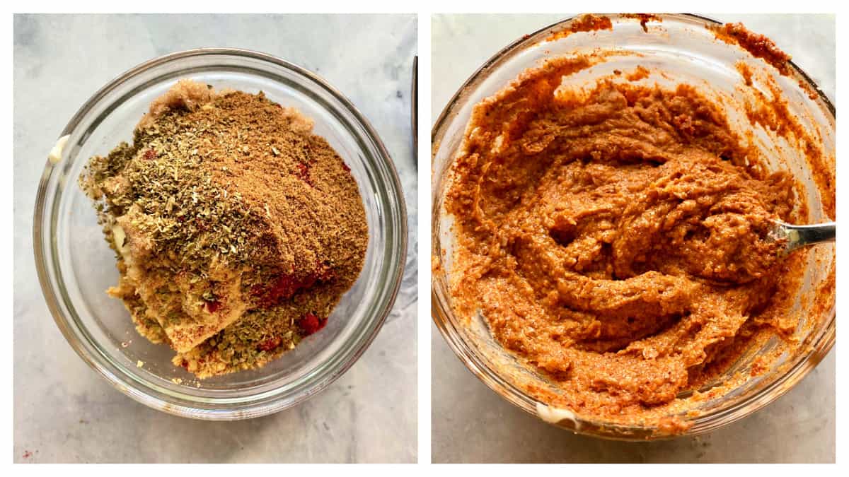 Left photo of spices and butter in bowl, right photo of mixed spices and butter.