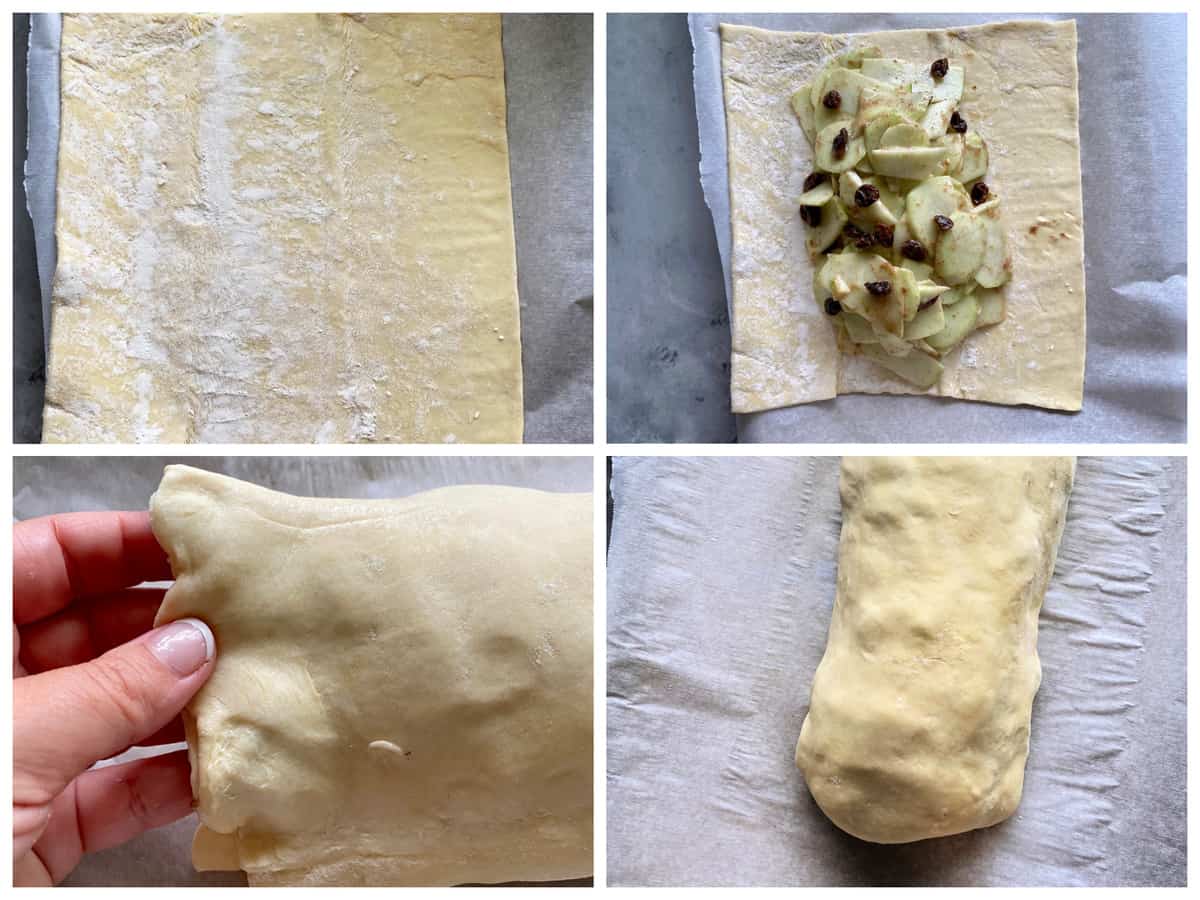 Four photos of puff pastry with apple/raisin filling showing how to roll the puff pastry.