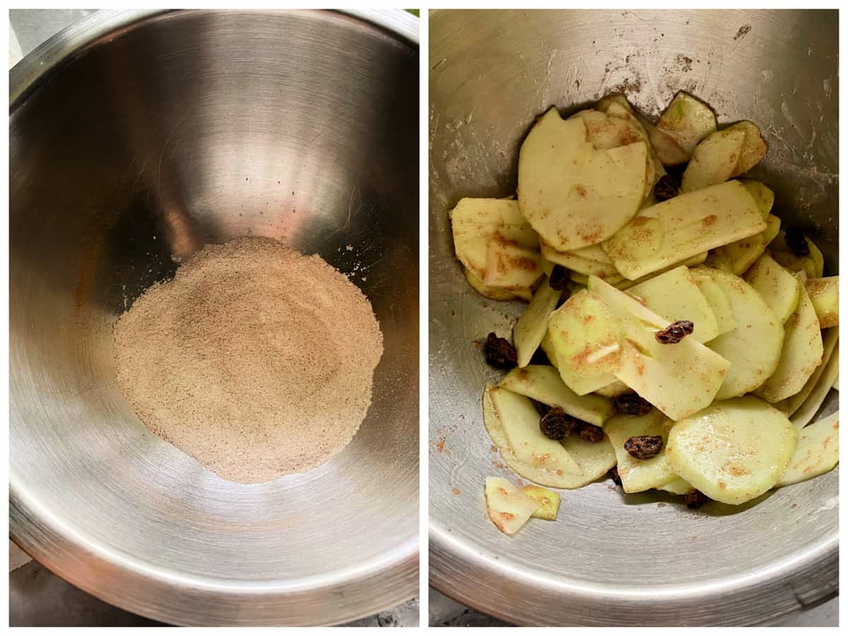 Two photos of a silver bowl; left with cinnmon sugar right with sliced thin apples.ht