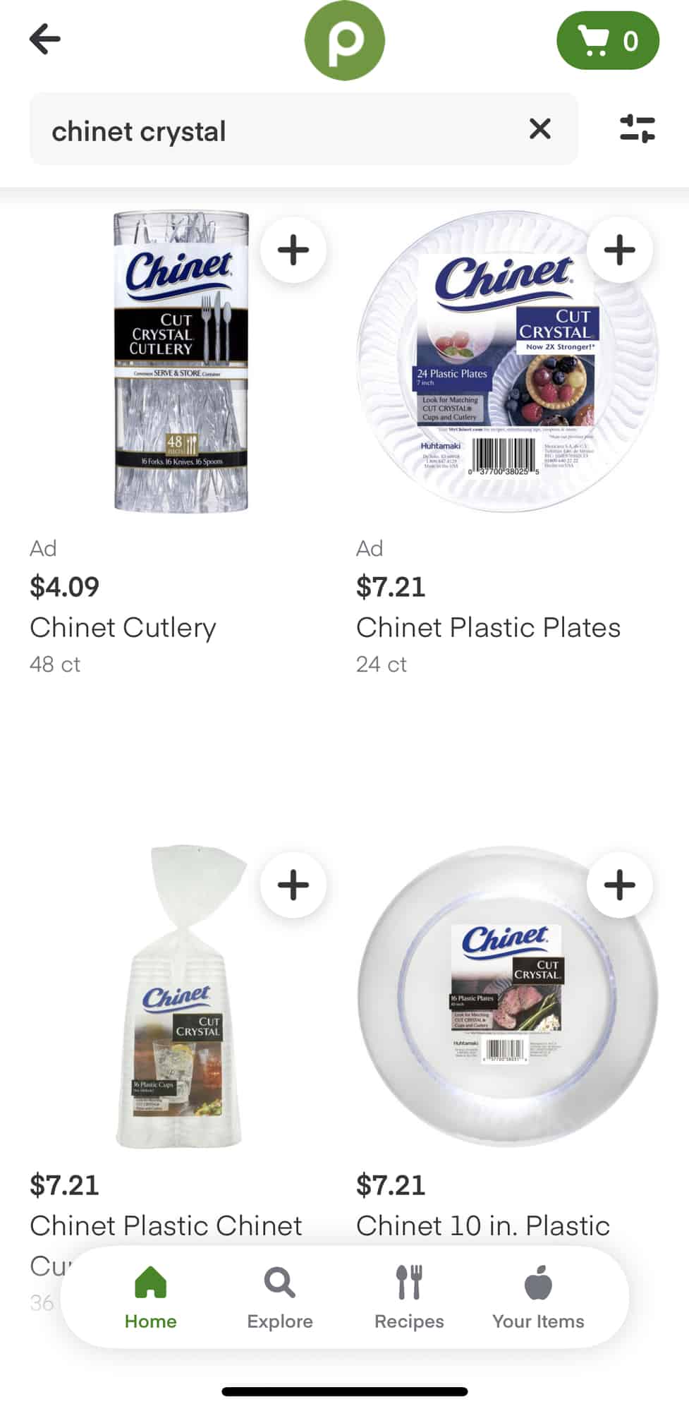 Screen shot of Chinet Crystal products on the Publix online shopping app.