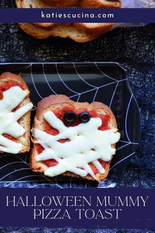 Spider web tray on black cloth with two pieces of toast with sauce and cheese with recipe title text on image for Pinterst.