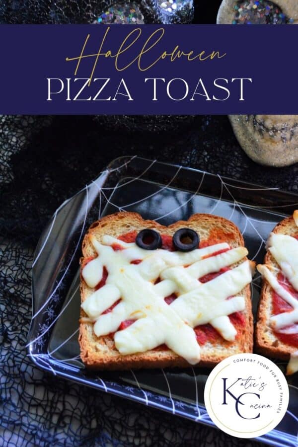 Black tray with pizza toast on platter with recipe title text on image for Pinterst.