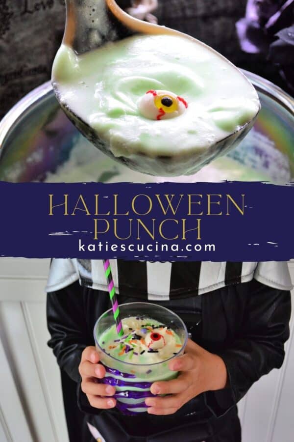 Two photos of green punch divided by recipe title text on image for Pinterest.