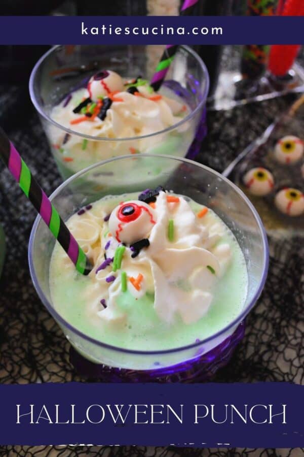 Two glasses of green punch with sprinkles and gummies with recipe title text on image for Pinterest.