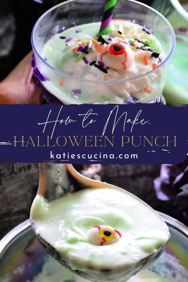 Two photos of green punch divided by recipe title text on image for Pinterest.