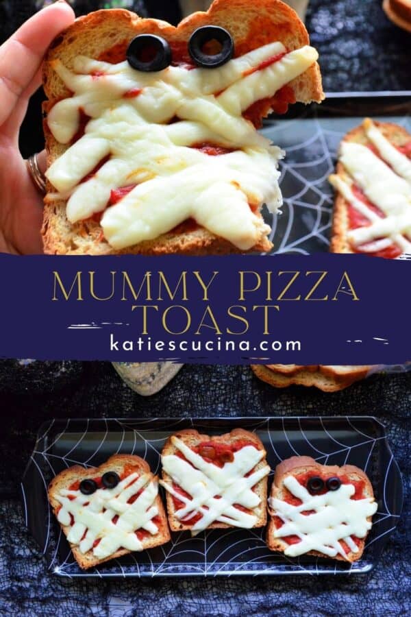 Two photos of mummy pizza toast split by recipe title text on image for Pinterst.