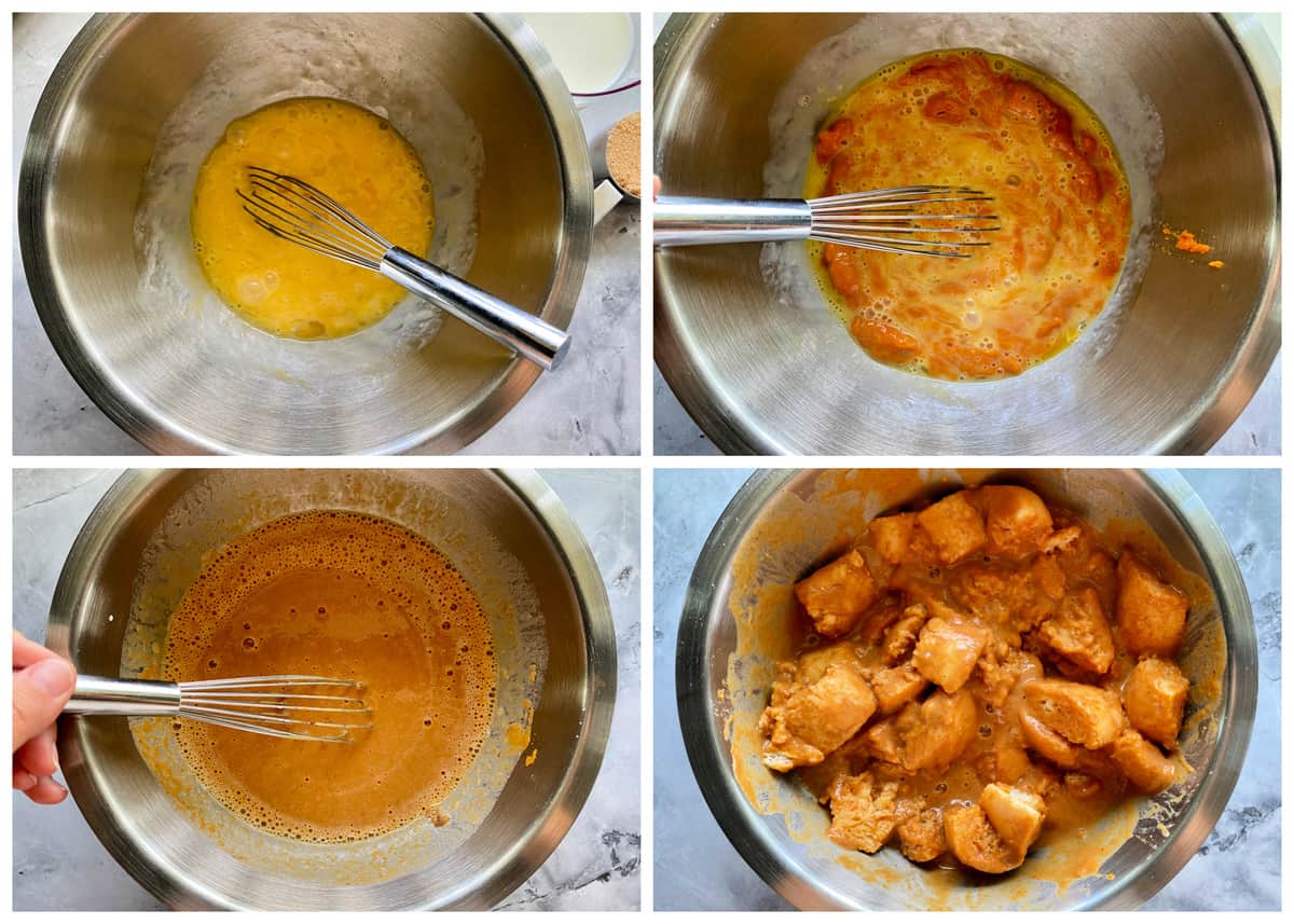 Four photos of whisking eggs, pumpkin puree, and spices in a bowl last photo of cubed bread submerged in batter.