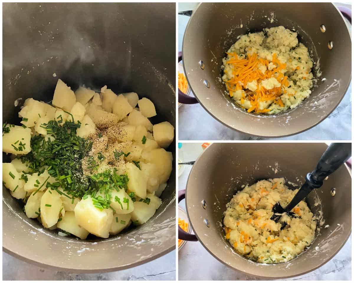 Three photos showing cooked potatoes with chives and pepper, mashed potatoes with cheese mixed in, and potato masher.