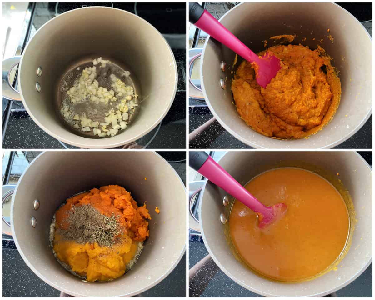 Four photos showing how to cook a quick butternut squash soup on the stovetop.