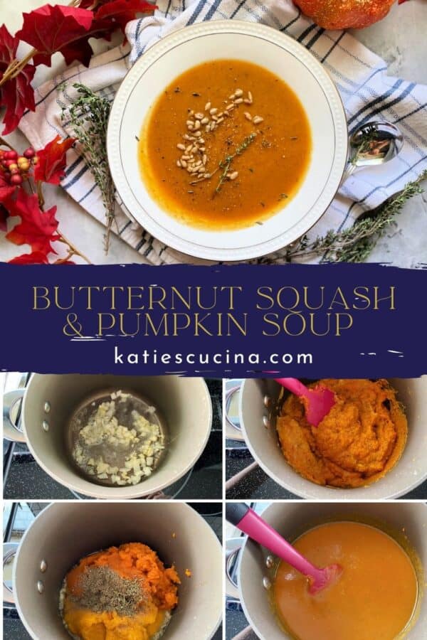 Five photos of how to make squash soup and final photo on making squash soup divided by recipe title text.