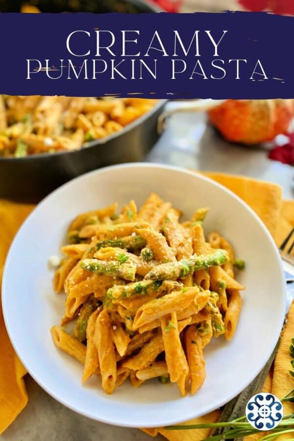 White bowl filled with creamy pasta and peas on a yellow cloth with recipe title text on image for Pinterest.