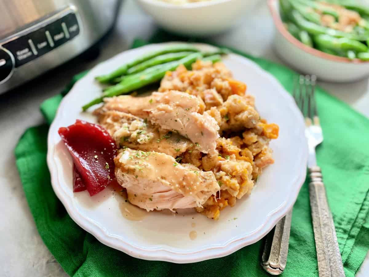 White plate filled with turkey, stuffing, cranberry sauce, and green beans.
