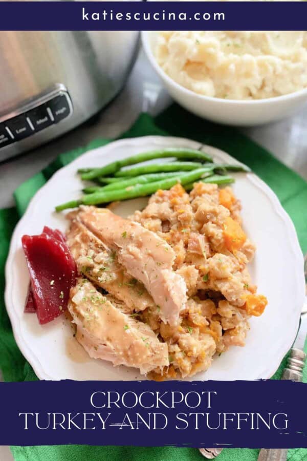 White plate filled with turkey and stuffing with text on image for Pinterest.