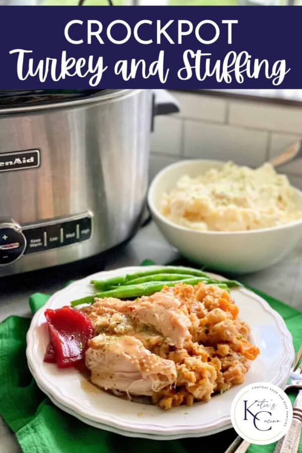 White dish filled with thanksgiving dinner with text on image for Pinterest.