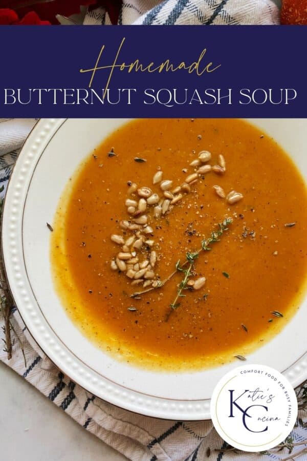 Top view of a white bowl filled with an orange soup with seeds and recipe title on image.