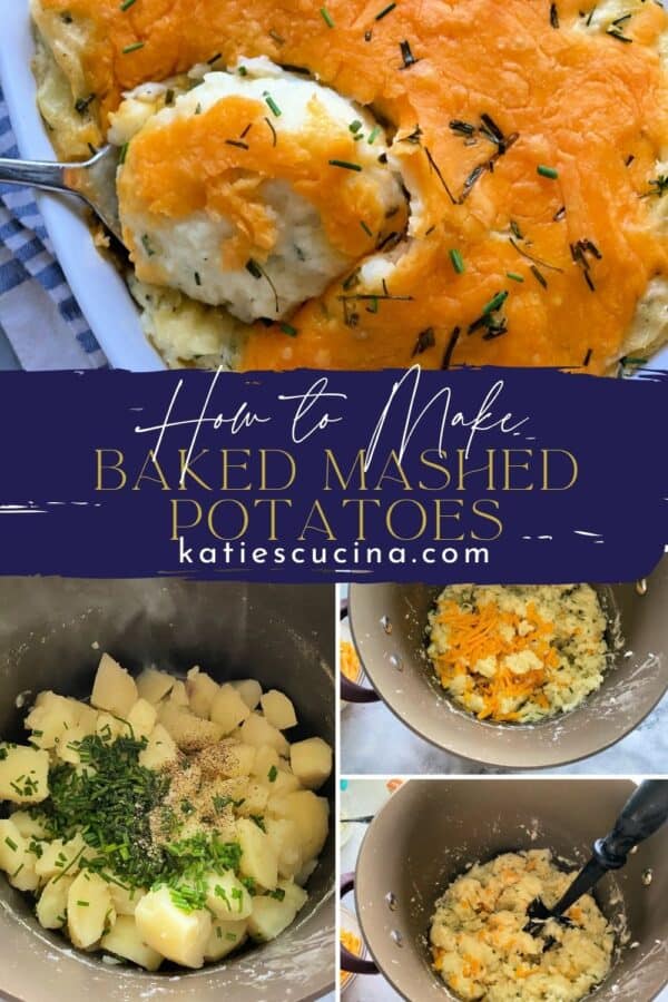 Four photos divided by recipe title text; top of baked cheese mashed potatoes with a spoon. Bottom three photos on the mashing process.