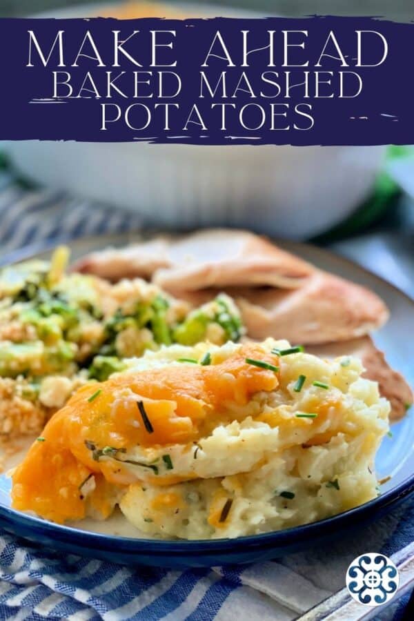 Plate full of mashed potatoes topped with cheese and chives with recipe title text on image for Pinterest.