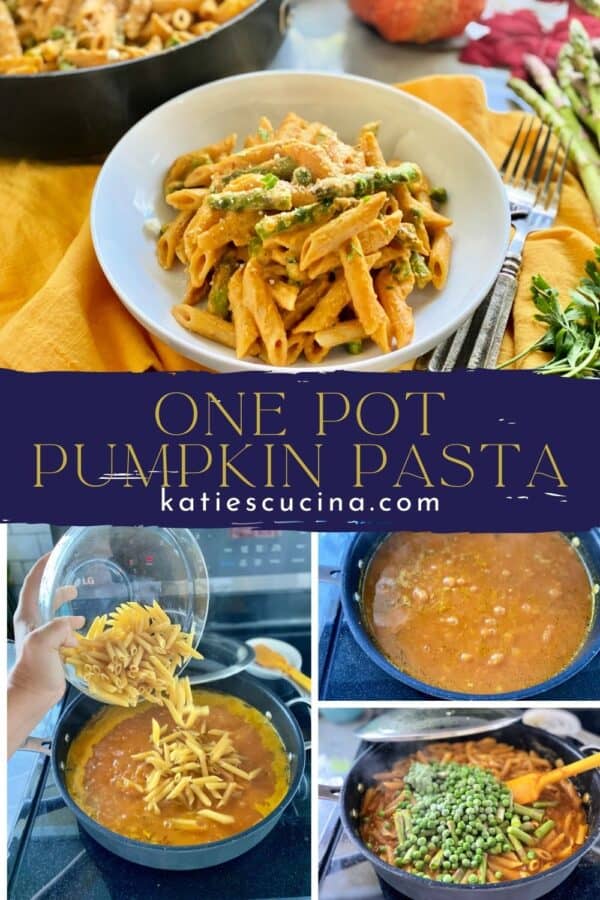 Four photos divided by text for Pinterest. Top photo of finished creamy pasta in a white bowl; bottom showing how to make the pasta.