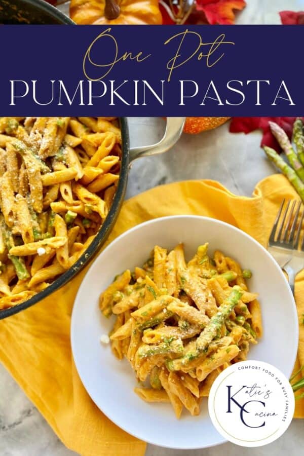 Top view of a white bowl filled with creamy pasta and a skillet right next to it with recipe title text on image for Pinterest.