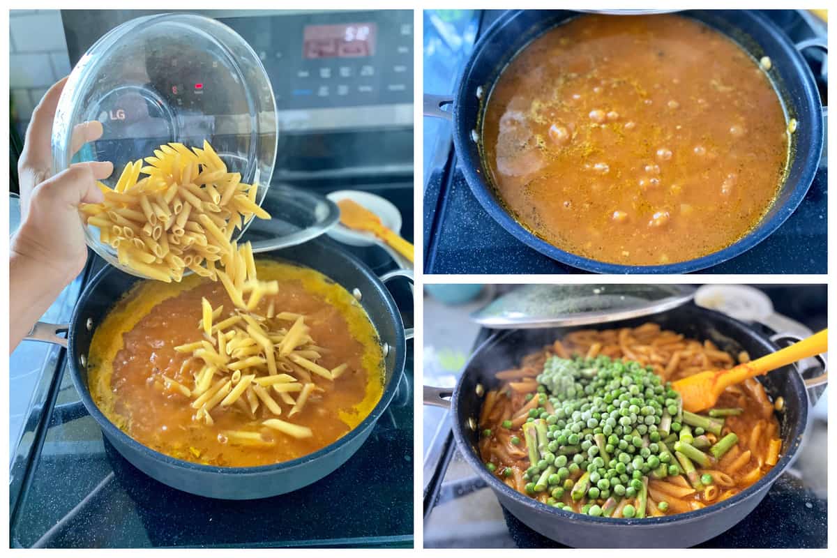 Three pasta photos showing a skillet with bubbling orange sauce, pasta pouring into a skillet, and frozen peas and asparagus in another.