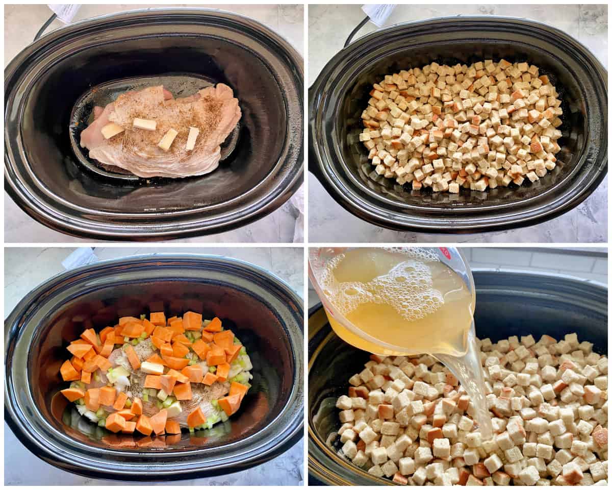 Four photos of showing the layering of how to put together the turkey breast, vegetables, and stuffing mix with broth pouring in.