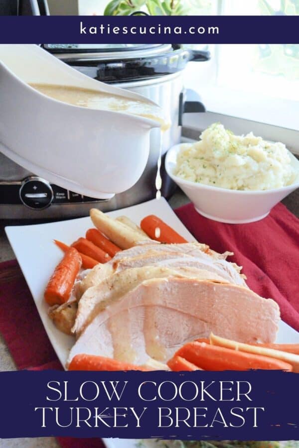 White gravy boat pouring gravy on top of sliced turkey with carrots and parsnips with recipe title text on image for Pinterest.