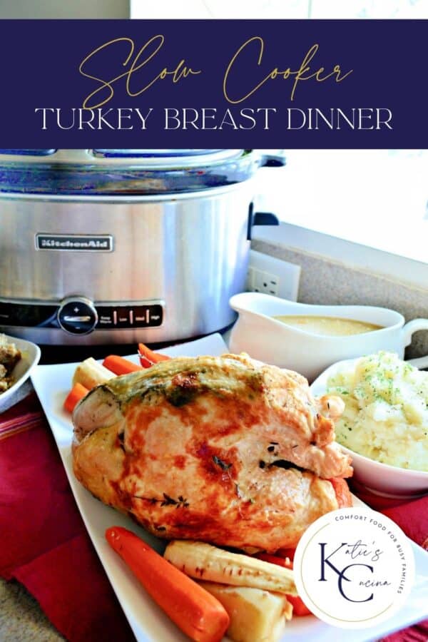 Whole cooked turkey breast on a white platter with recipe title text on image for Pinterest.