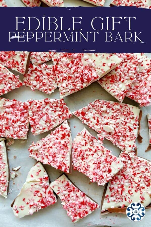 Close up of chopped pieces of Peppermint Bark with recipe title text on image for Pinterest.