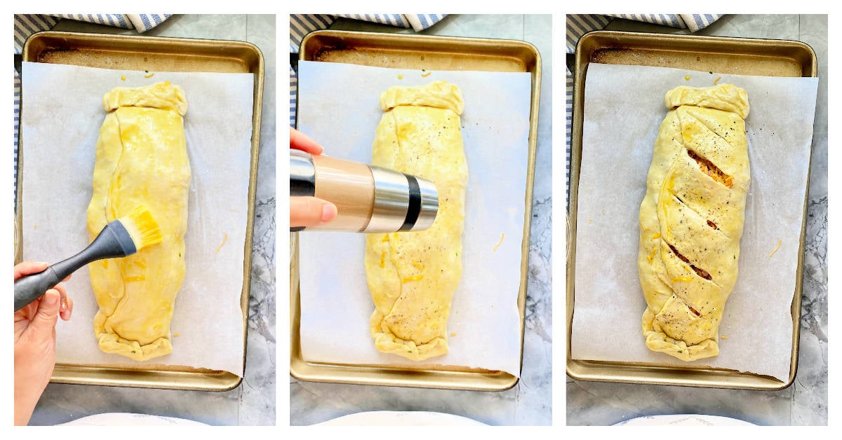 Three photos; left of a female hand brushing egg wash, middle of a pepper mill, right of slits cut in the pastry.