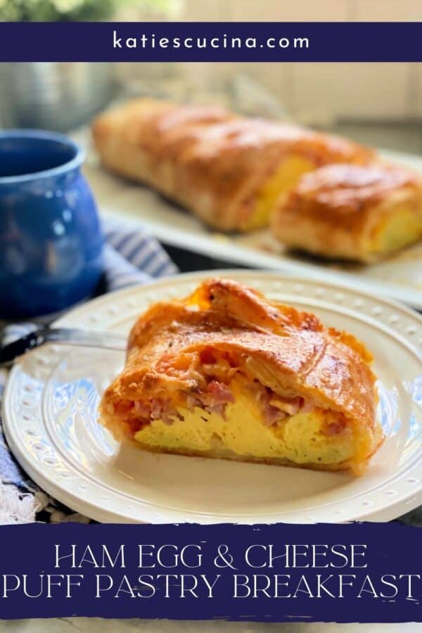 White plate with a slice of puff pastry with recipe title text on image for Pinterest.