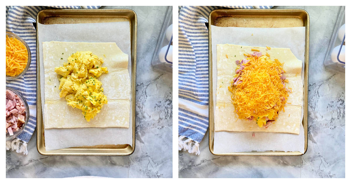 Two photos; left of puff pastry on a baking sheet with eggs in the middle; right with ham and cheese on top of the eggs.