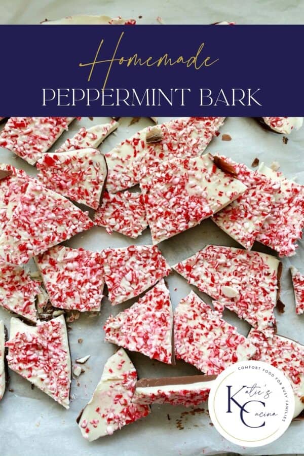 Top view of pieces of chopped up Peppermint Bark on white paper with recipe title text on image.